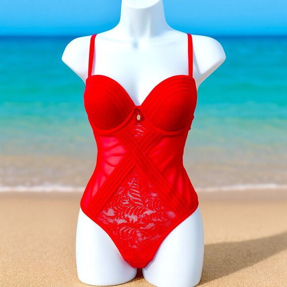 RACHEL Rachel Roy Other - NWT Rachel Roy Red Lace Trim Floral Mesh Letter R 3 Crystal Charm Bow Bodysuit L